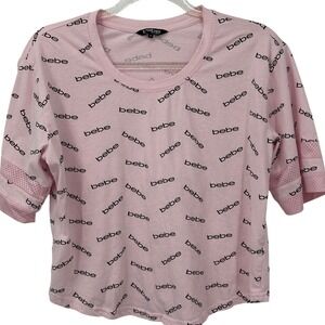 Bebe Sport Womens Pink Logo Print Mesh Sleeve Scoop Neck Crop Top Shirt Size M